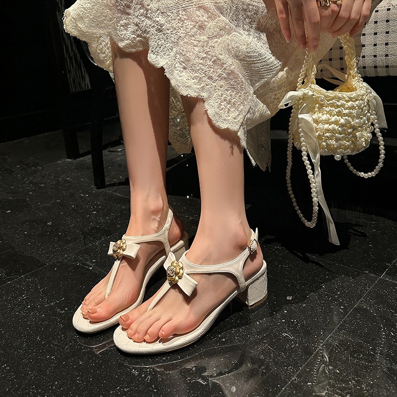 2025 Crape Myrtle Women's Peep Toe Chunky Heel Sandals with Camellia Rhinestone Bow
