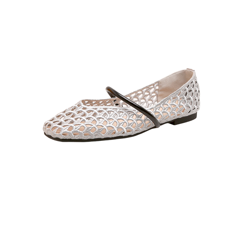 2025 Fashion French Square Toe Hollow Woven One-Strap Soft Sole Women's Mesh Sandals