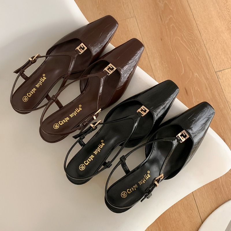 2025 New Arrival Crape Myrtle Women's Square Toe Eel Grain Leather Kitten Heel Open Back Sandals Black Brown