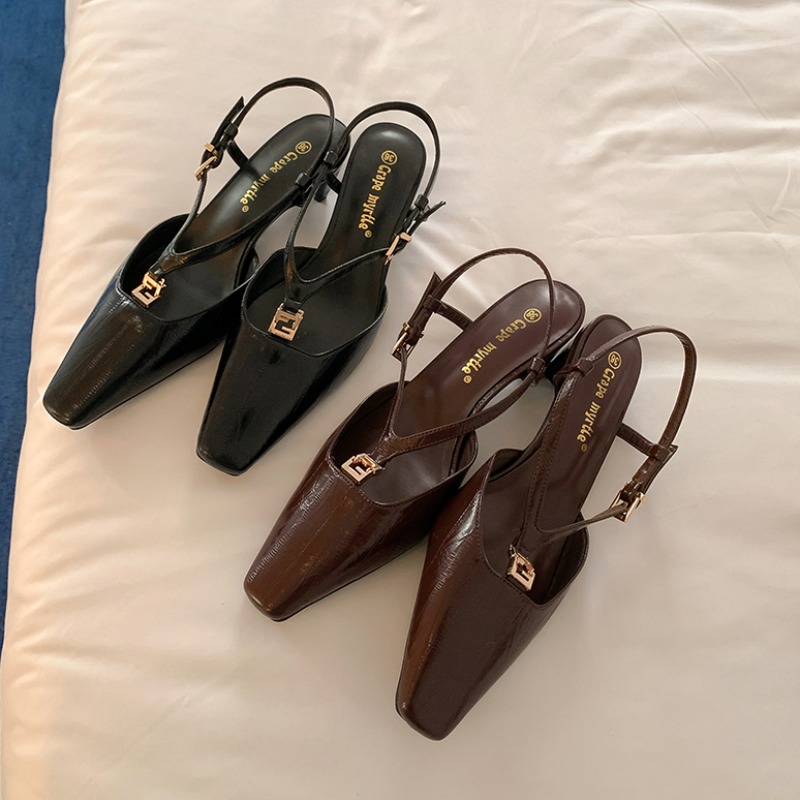 2025 New Arrival Crape Myrtle Women's Square Toe Eel Grain Leather Kitten Heel Open Back Sandals Black Brown