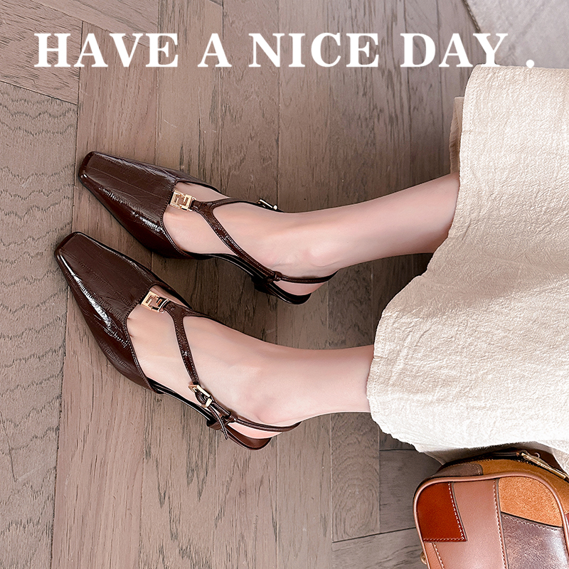 2025 New Arrival Crape Myrtle Women's Square Toe Eel Grain Leather Kitten Heel Open Back Sandals Black Brown