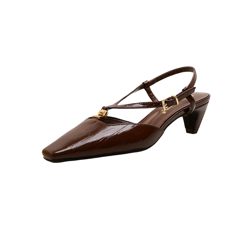 2025 New Arrival Crape Myrtle Women's Square Toe Eel Grain Leather Kitten Heel Open Back Sandals Black Brown
