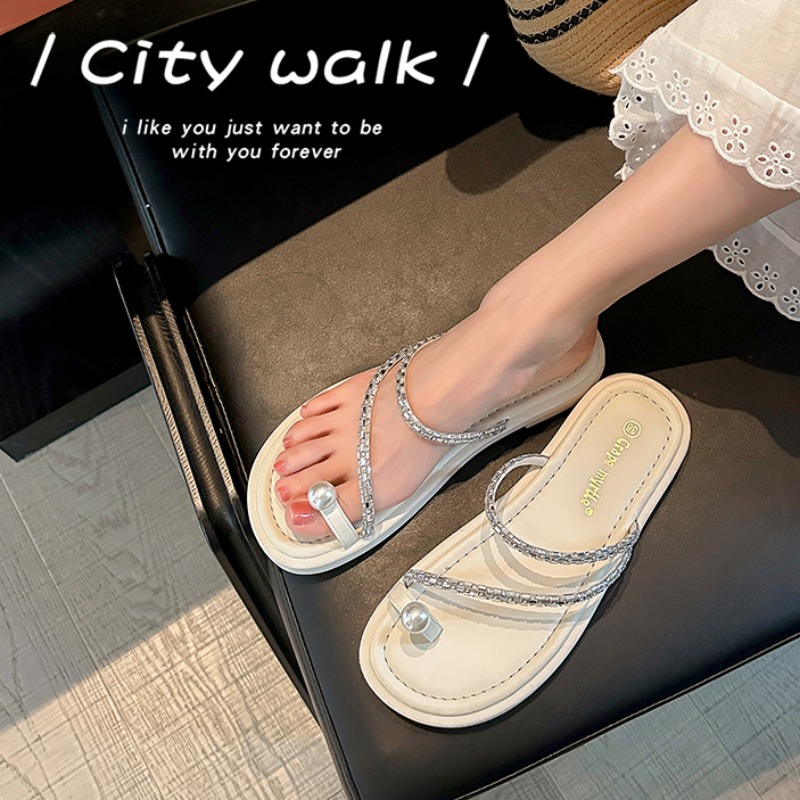 2025 Summer Pearl Bubble Thong Flat Beach Sandals for Women Sweet Style Rhinestone Buckle