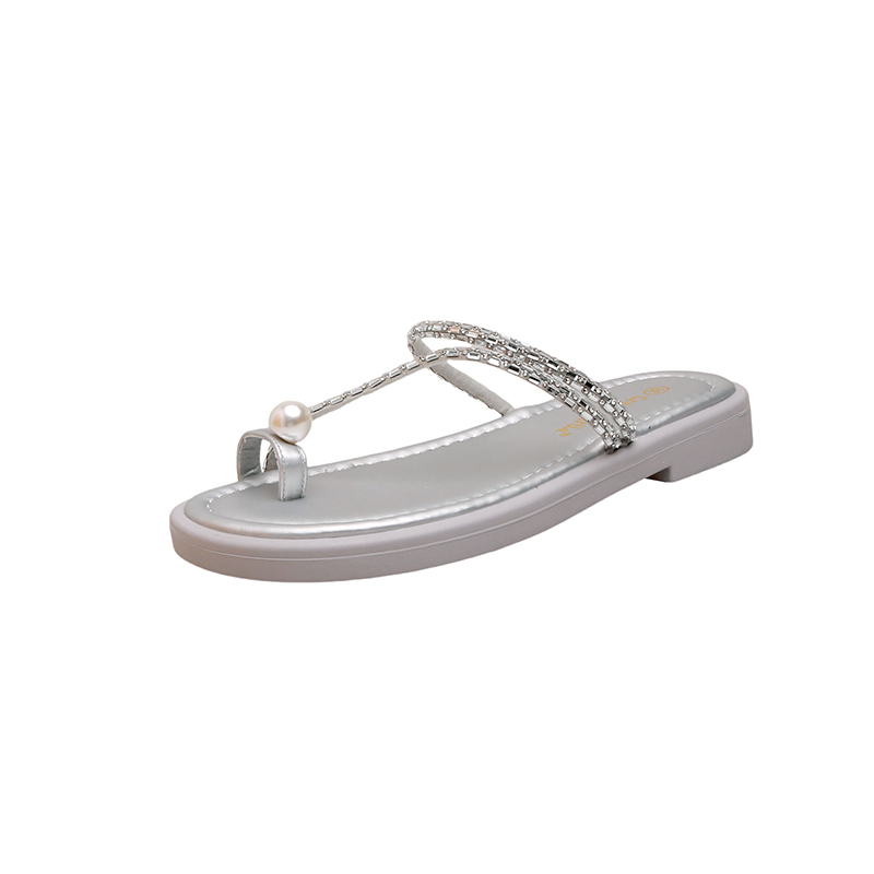 2025 Summer Pearl Bubble Thong Flat Beach Sandals for Women Sweet Style Rhinestone Buckle