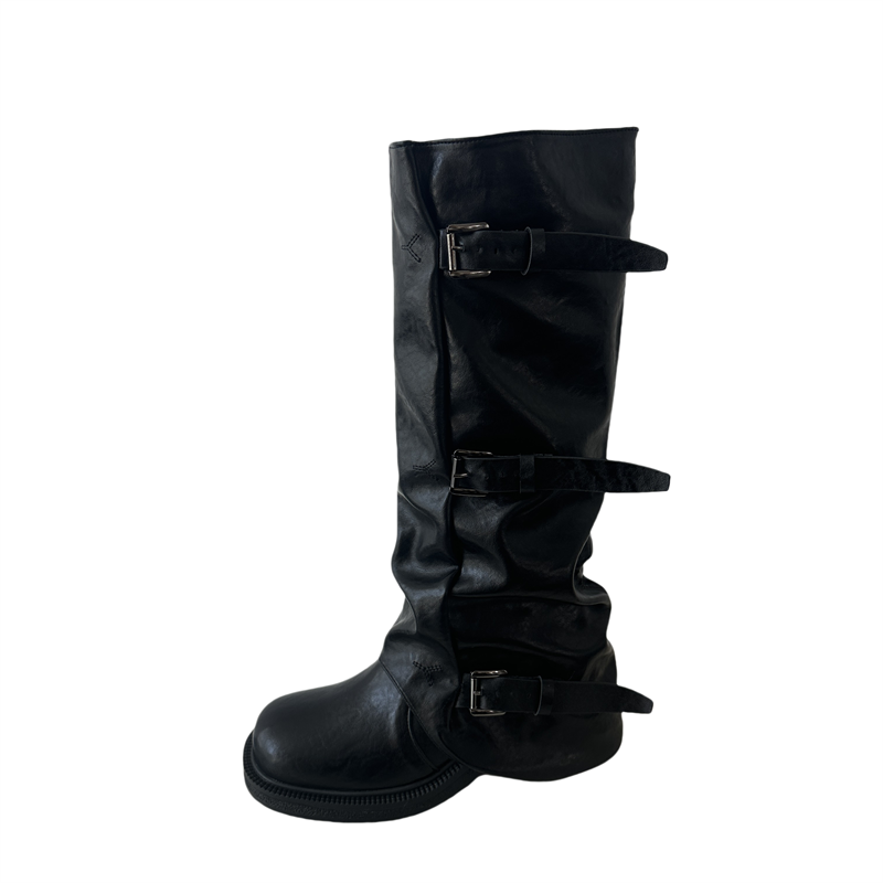2026-cowhide-buckle-black-mid-calf-boots-for-women-stacked-heel-long-boots-knight-boots-western-cowboy-boots_4 2026 Cowhide Buckle Black Mid-Calf Boots for Women Stacked Heel Long Boots Knight Boots Western Cowboy Boots