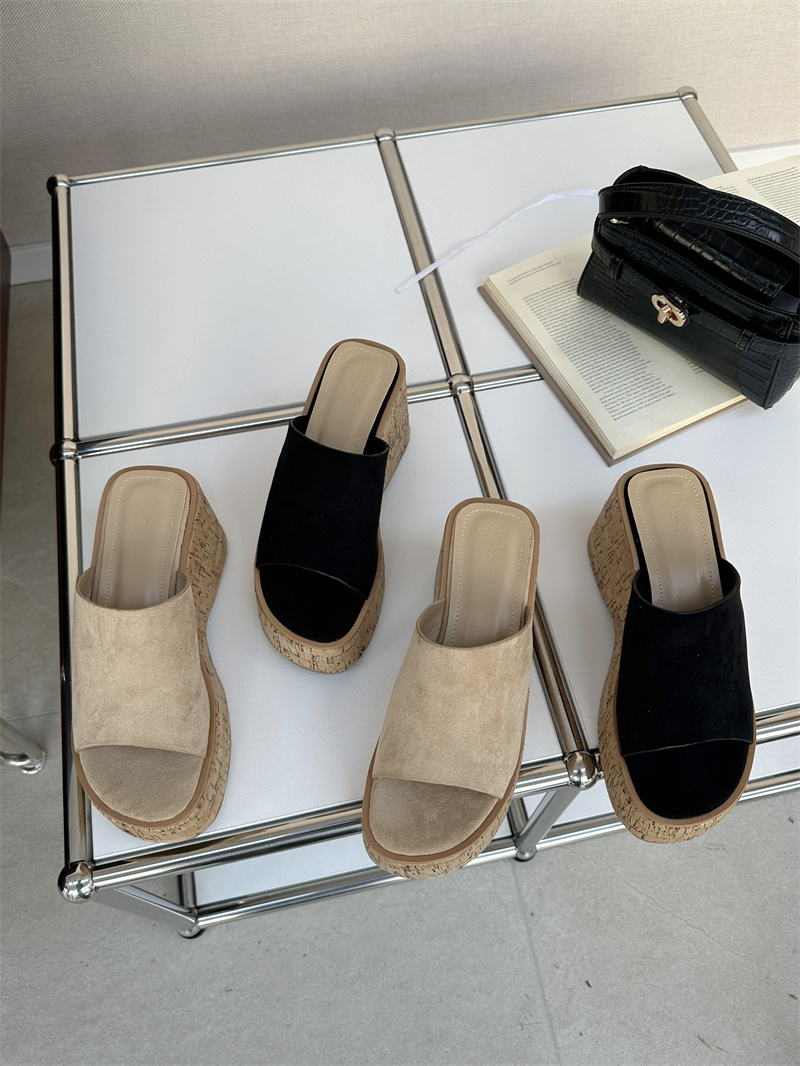 2026 Summer New European American Style Thick Sole Wedge Slippers Wood Grain Platform High Heel Open Toe Women's Shoes