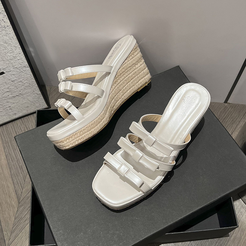 2026 Summer Women's 9cm Wedge Heel Slippers with Bow, Square Toe, Non-Slip, Citywalk