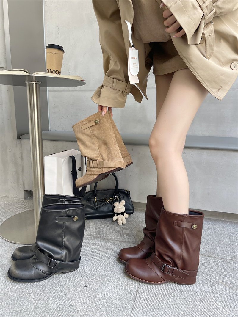 2026 Western Cowboy Boots for Women - Black Round Toe Folded Stack Heel Retro Belt Buckle Knight Boots