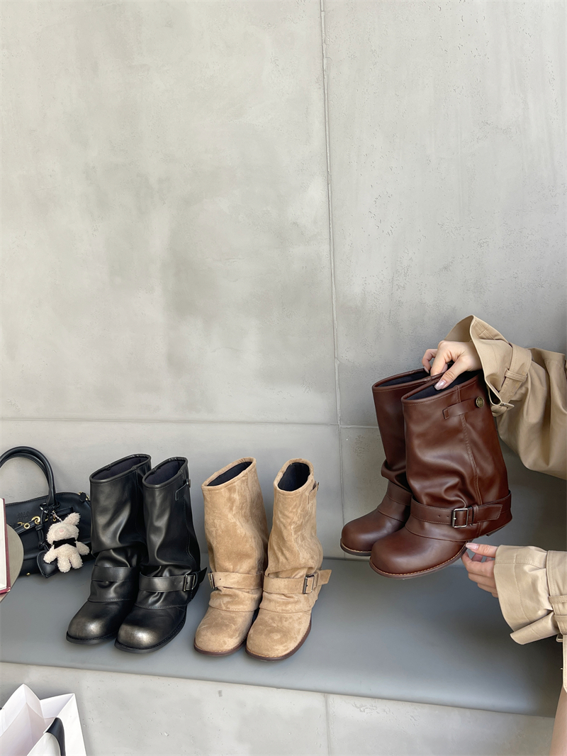 2026 Western Cowboy Boots for Women - Black Round Toe Folded Stack Heel Retro Belt Buckle Knight Boots