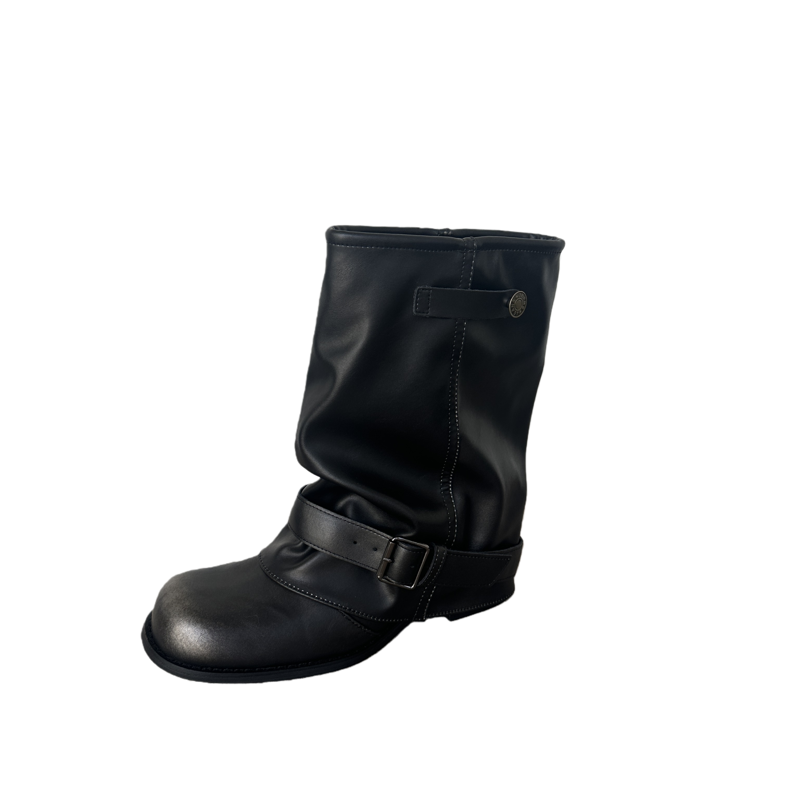 2026 Western Cowboy Boots for Women - Black Round Toe Folded Stack Heel Retro Belt Buckle Knight Boots