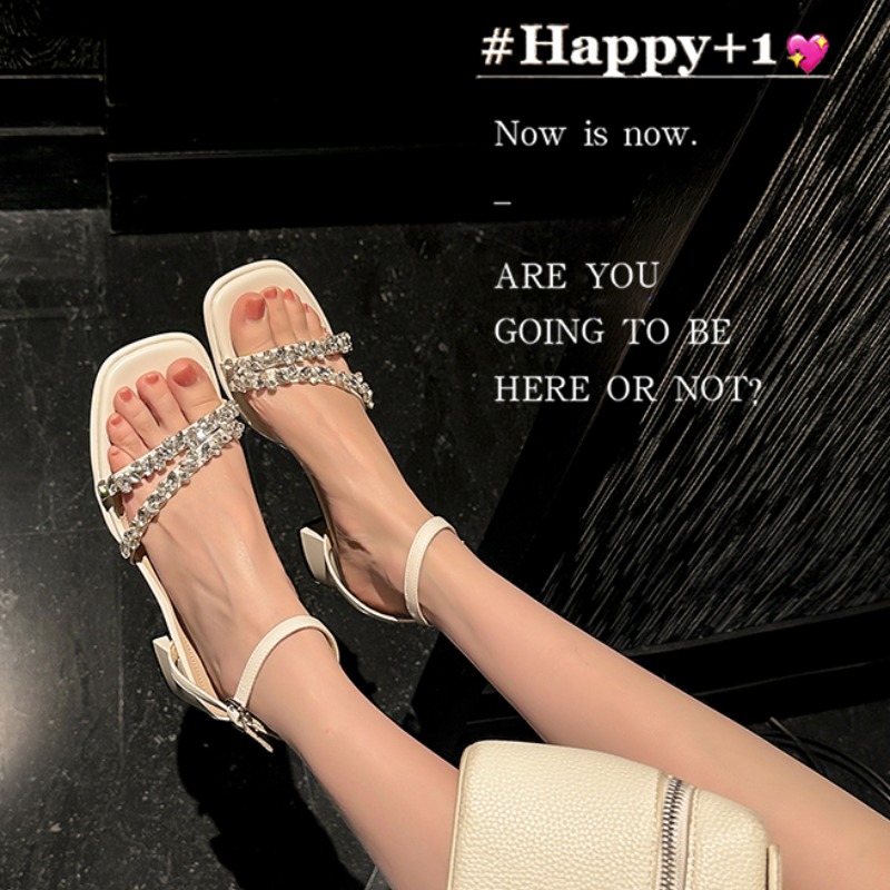 Crape Myrtle 2025 Summer Rhinestone Strappy Open Toe Chunky Heel Sandals for Women
