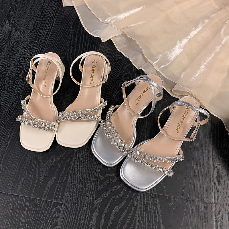 Crape Myrtle 2025 Summer Rhinestone Strappy Open Toe Chunky Heel Sandals for Women