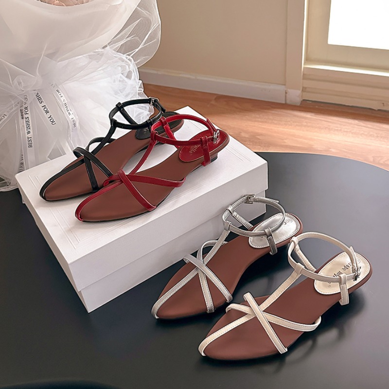 Crape Myrtle 2025 Summer Women's Roman Sandals Pointed Toe Open Toe Cross Strap Elegant Mid Heel Wedge