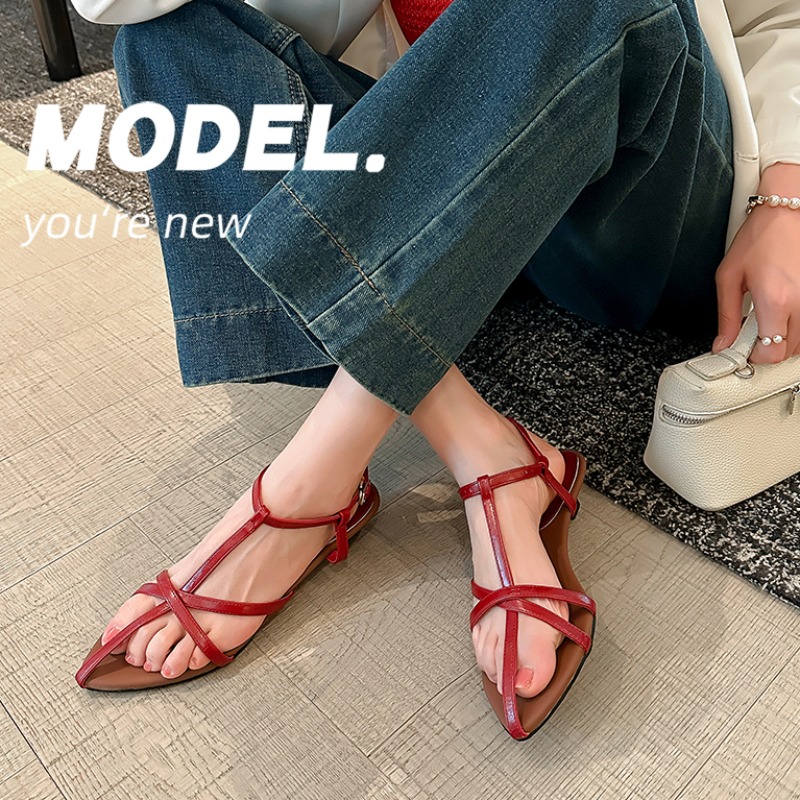 Crape Myrtle 2025 Summer Women's Roman Sandals Pointed Toe Open Toe Cross Strap Elegant Mid Heel Wedge