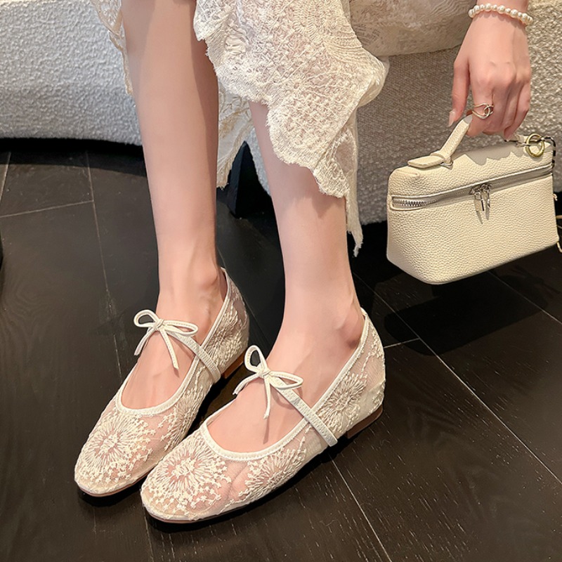 Crape Myrtle Women's Lace Bow Mary Jane Platform Sandals 3.5cm Wedge Heel White