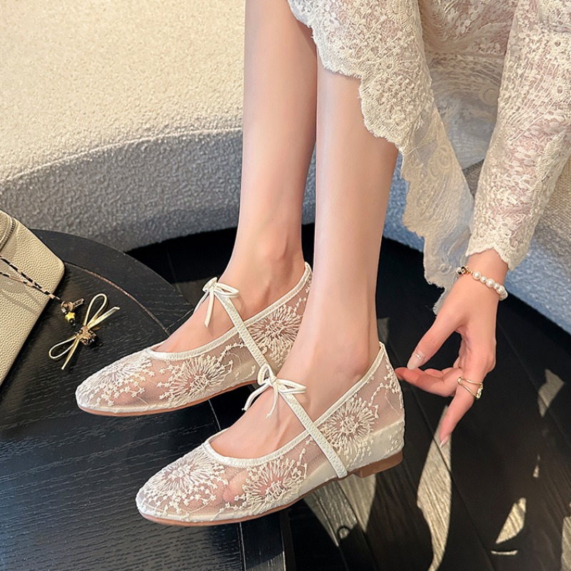 Crape Myrtle Women's Lace Bow Mary Jane Platform Sandals 3.5cm Wedge Heel White