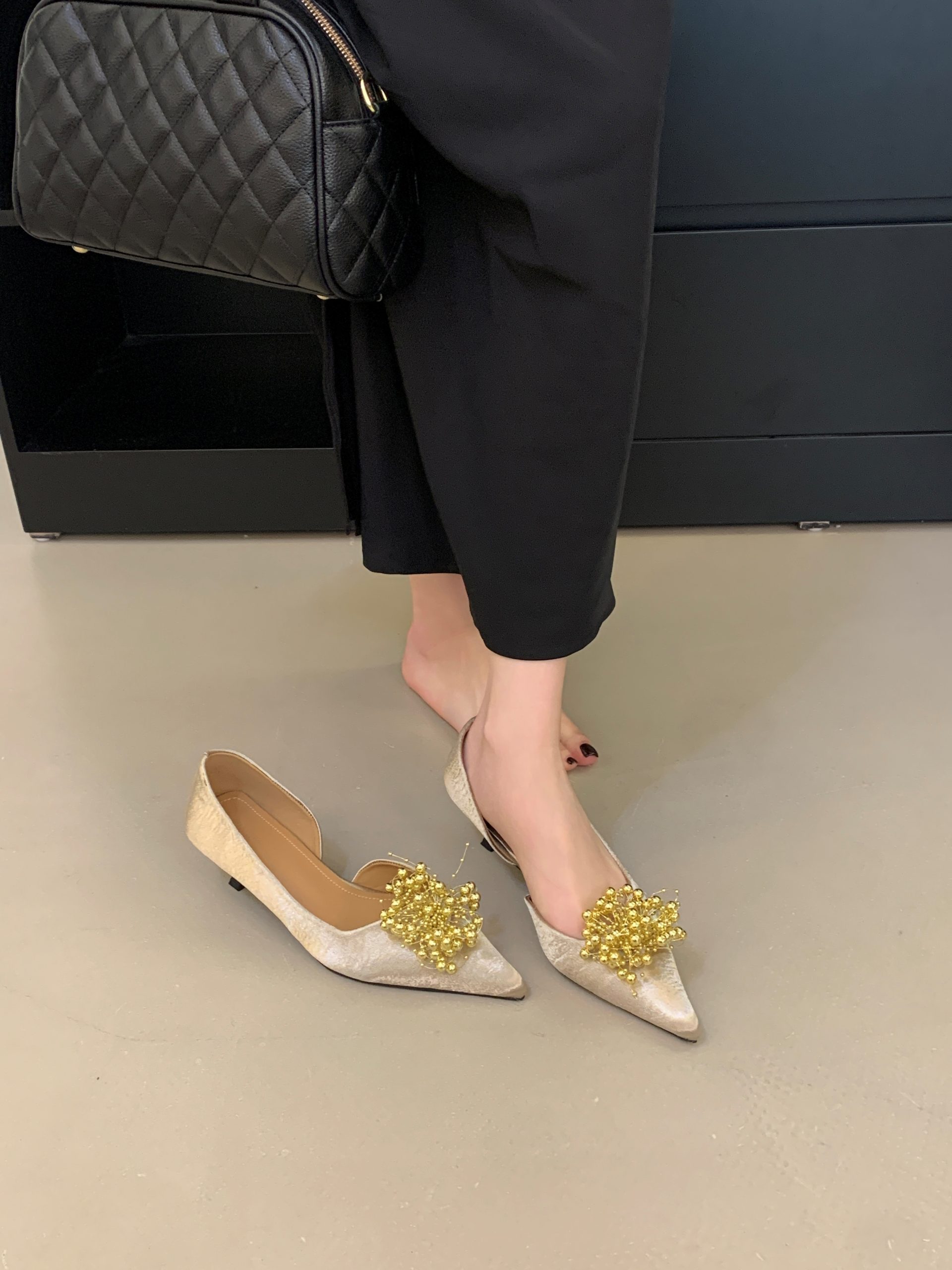 DIAIRIZ 2026 New Blooming Beaded Flower Shallow Mouth Single Shoe for Women Kitten Heel Pointed Toe Wedding Shoes Satin Slippers
