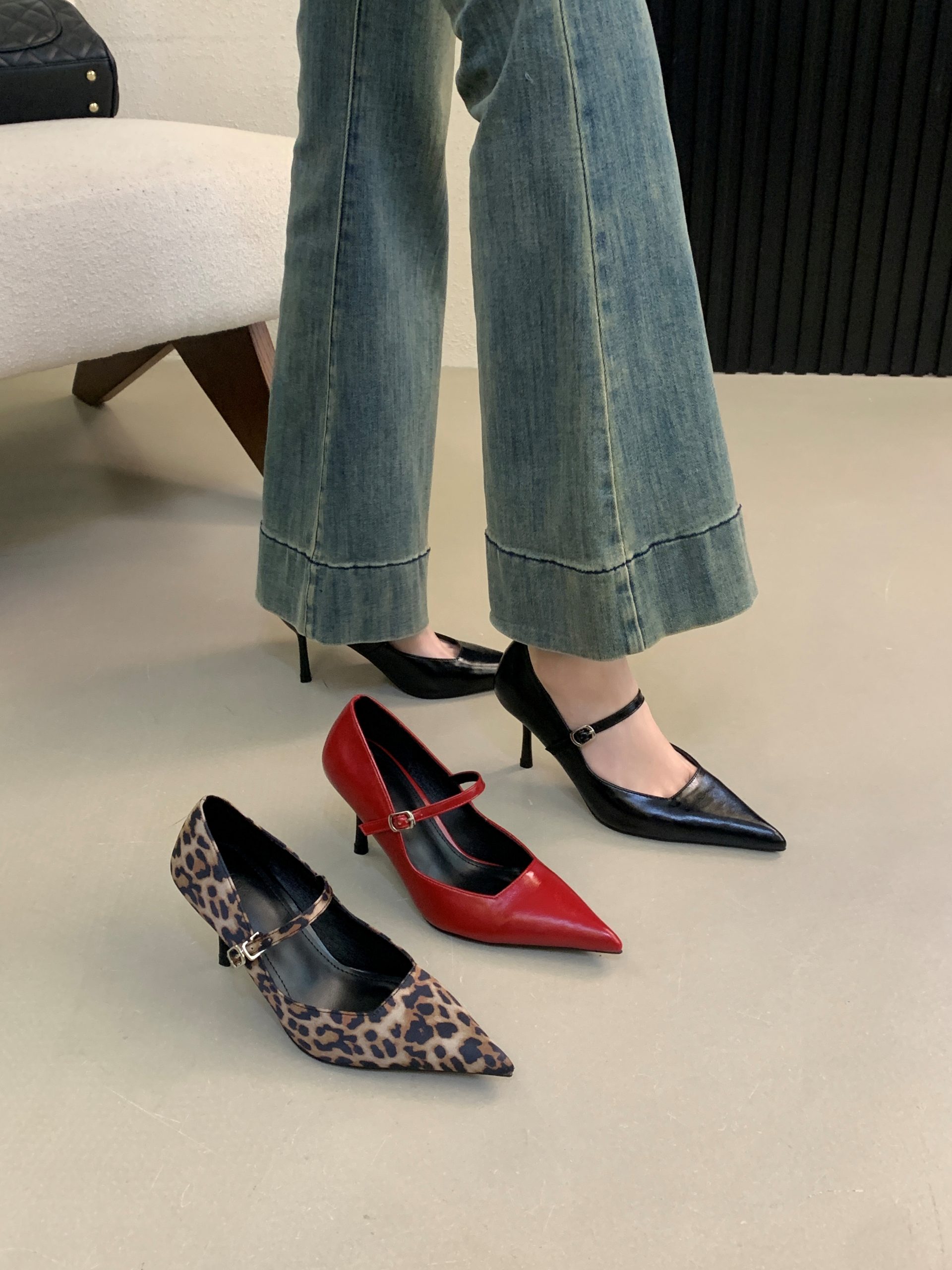 DIAIRIZ Women's Leopard Print High Heel Mary Jane Shoes Pointed Toe Open Toe Strap Thin Heel Retro Style