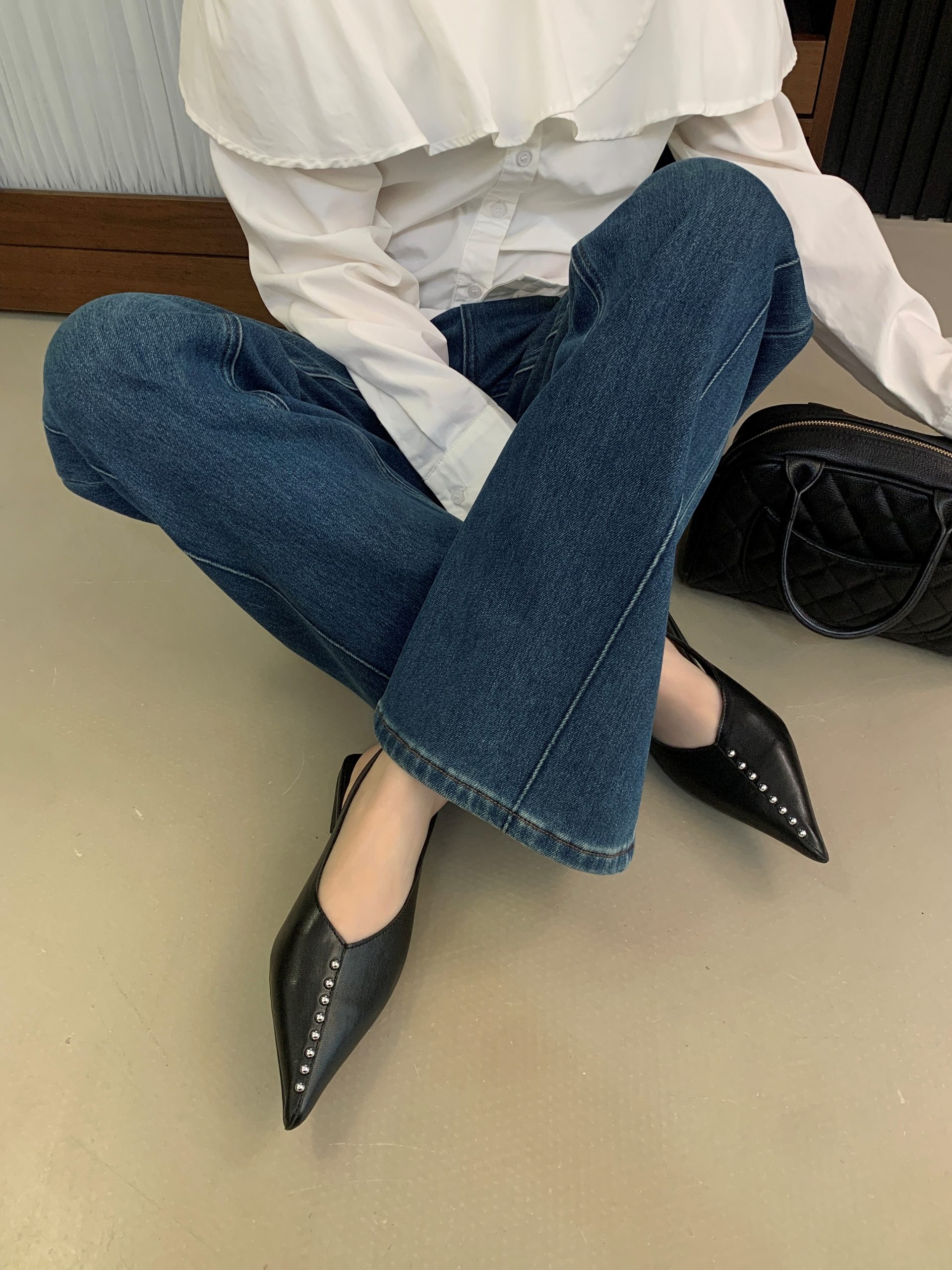 French Pointed Toe Buckle Strap Flat Sandals for Women with Rivet Decoration Backless Commuter Versatile Comfortable Soft Sole