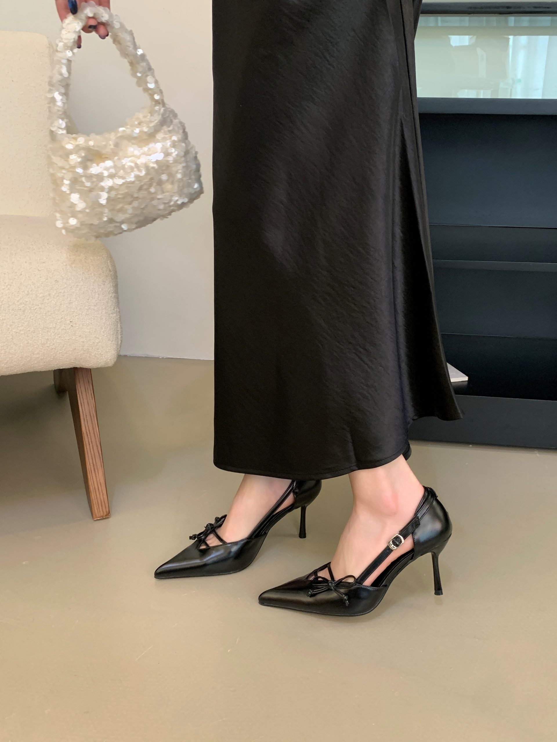 French Style Bow Pointed Toe Hollow Out High Heel Women's Shoes 2026 New Genuine Leather Fashion Thin Heel Slip-On