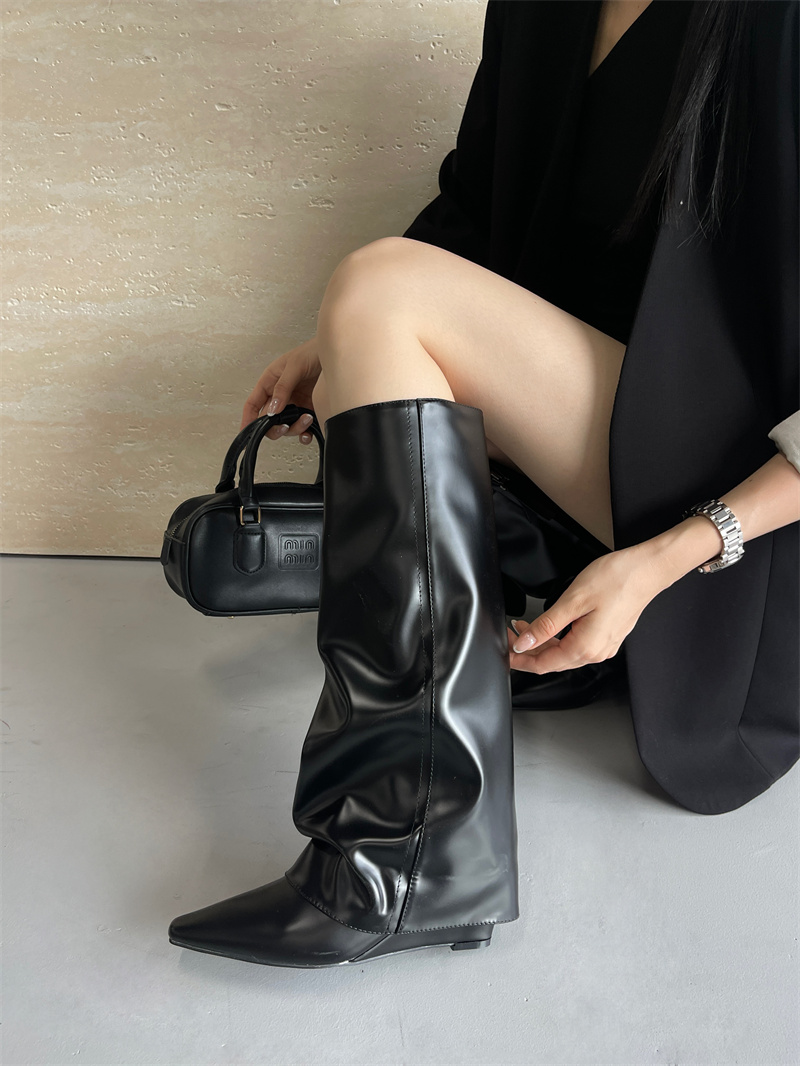 Lin Zailin Cool Hot Black Patent Leather Rider Boots Over Knee Boots Stacked Boots High Heel Street Tube Boots Height Increasing