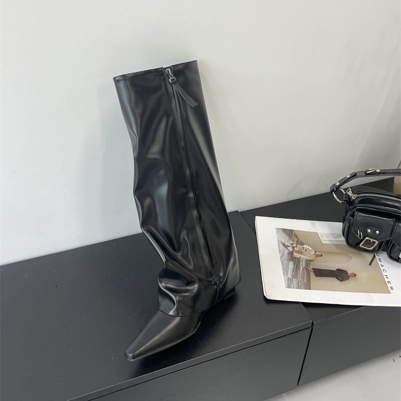 Lin Zailin Cool Hot Black Patent Leather Rider Boots Over Knee Boots Stacked Boots High Heel Street Tube Boots Height Increasing