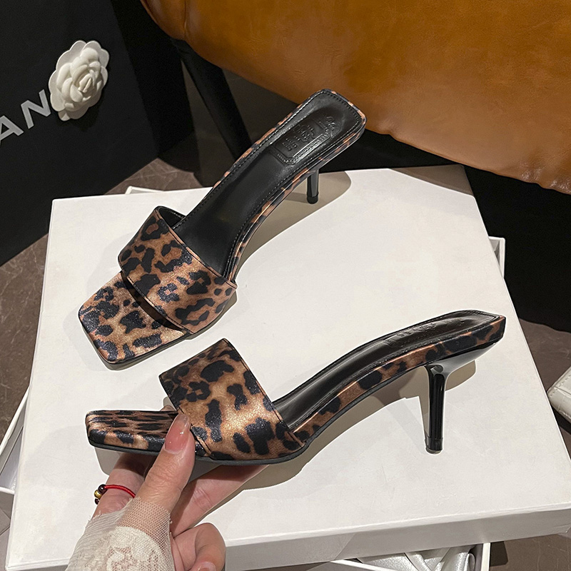 Satin Leopard Print One-Strap Sandals Women 2026 New Hot Sexy Open Toe High Heel Square Toe Slippers