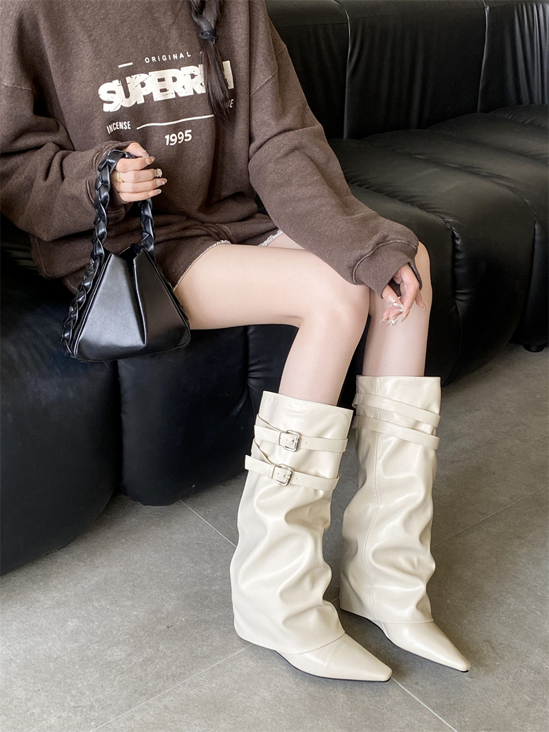 Sheepskin Style Pointed Toe Belt Buckle High Heel Tube Boots Women 2026 New Pleated Stacked Boots Long Boots