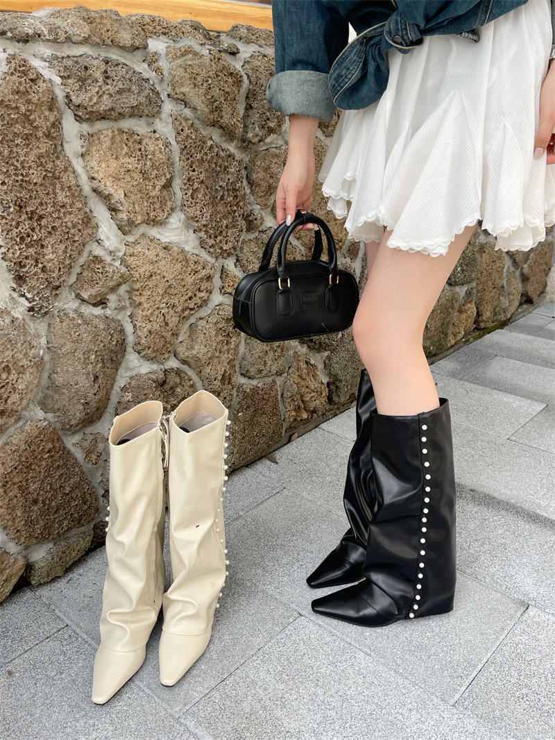 Slim White Pant Boots 2026 New Pointed Toe High Tube Knight Boots Wedge Tall Boots Women Not Over Knee Boots