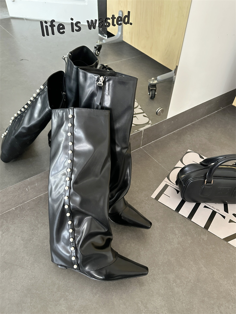 Slim White Pant Boots 2026 New Pointed Toe High Tube Knight Boots Wedge Tall Boots Women Not Over Knee Boots