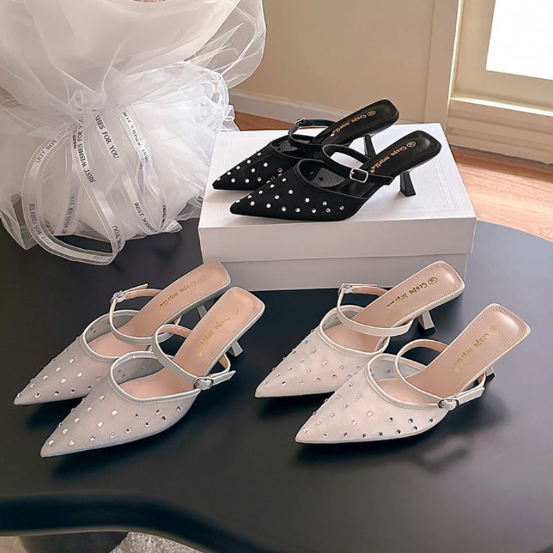 Trendy Rhinestone Pointed Toe Mesh Breathable 6cm Thin Heel Backless Slippers Sandals for Women 2025 Summer