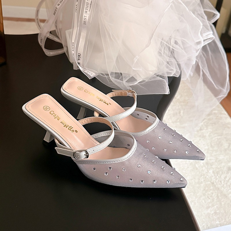 Trendy Rhinestone Pointed Toe Mesh Breathable 6cm Thin Heel Backless Slippers Sandals for Women 2025 Summer
