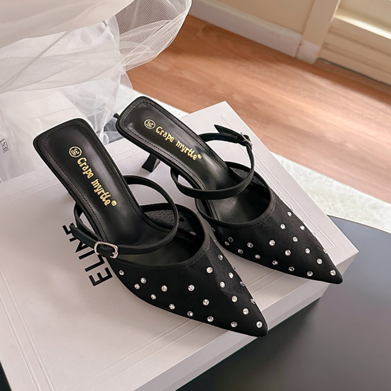 Trendy Rhinestone Pointed Toe Mesh Breathable 6cm Thin Heel Backless Slippers Sandals for Women 2025 Summer