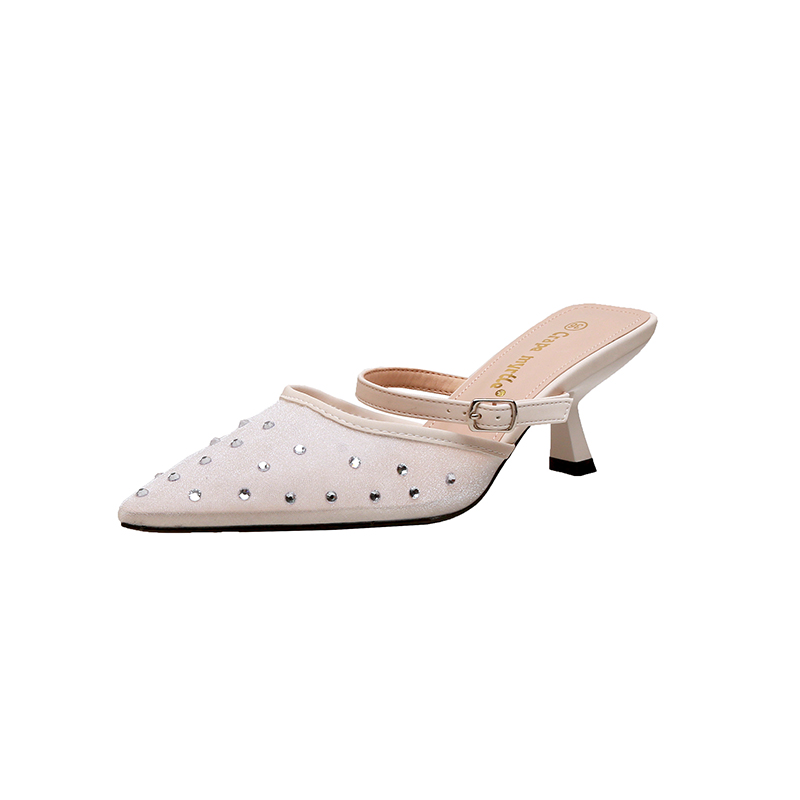 Trendy Rhinestone Pointed Toe Mesh Breathable 6cm Thin Heel Backless Slippers Sandals for Women 2025 Summer