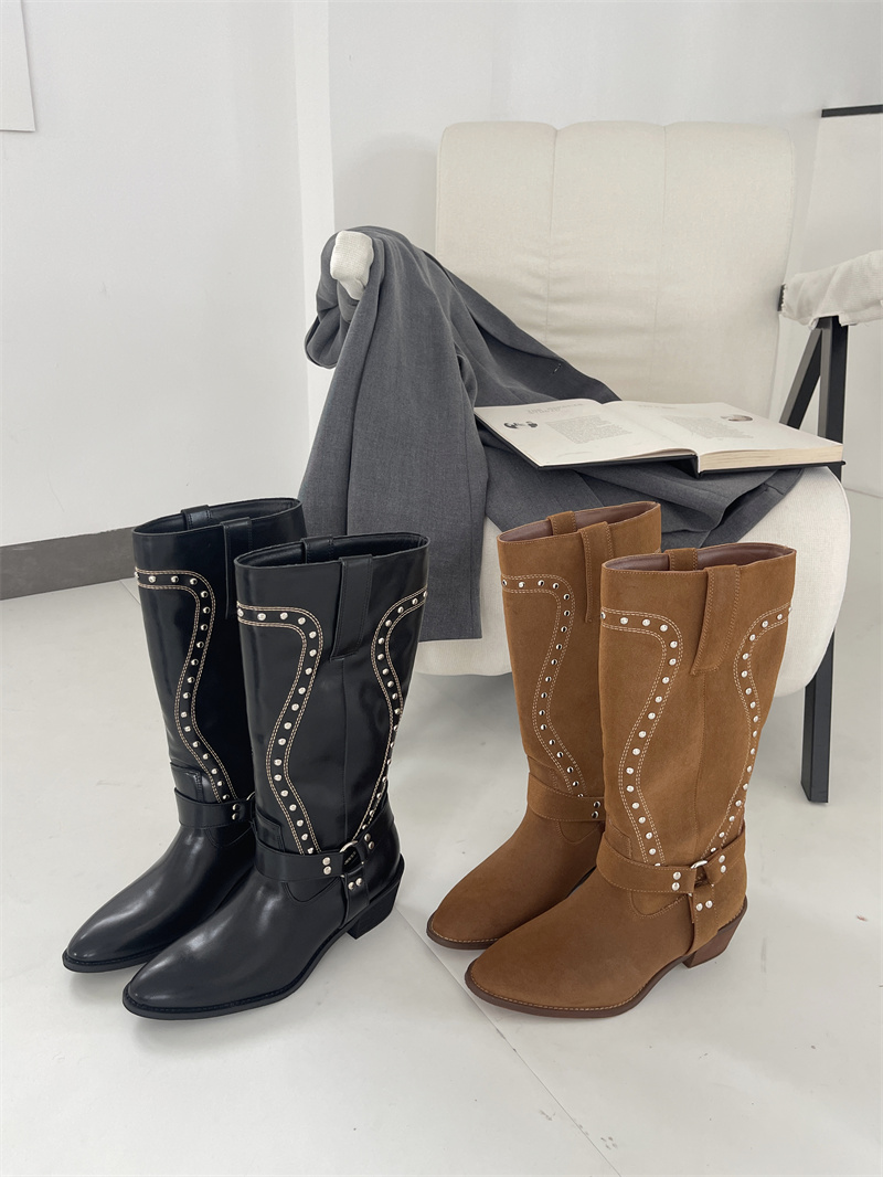 Vintage Studded Pointed Toe Western Boots 2026 New Thick Heel Cowboy Boots Mid Calf