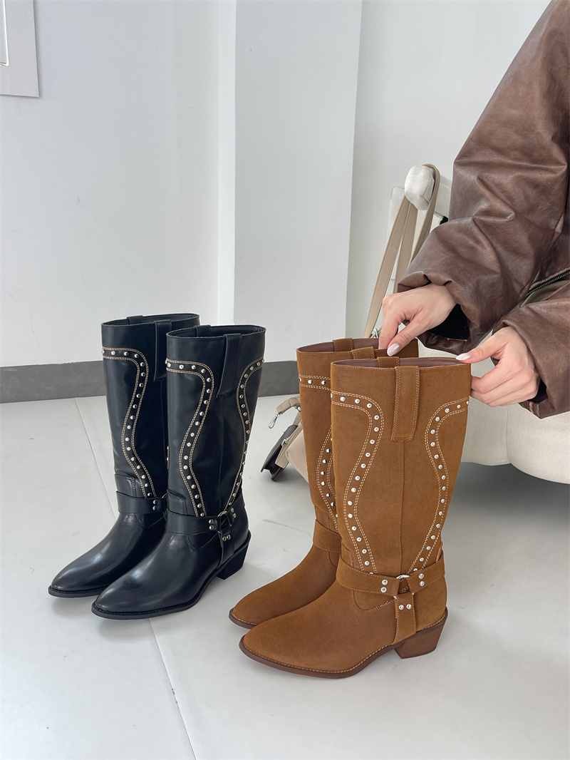 Vintage Studded Pointed Toe Western Boots 2026 New Thick Heel Cowboy Boots Mid Calf