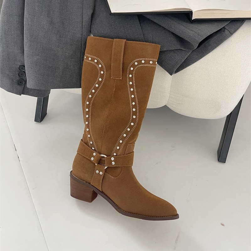 Vintage Studded Pointed Toe Western Boots 2026 New Thick Heel Cowboy Boots Mid Calf