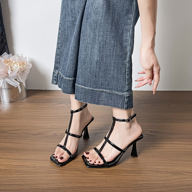 Women's 2025 Summer New Style One-Strap Buckle Square Toe Open Toe Thin Strap Sexy Black High Heels Sandals