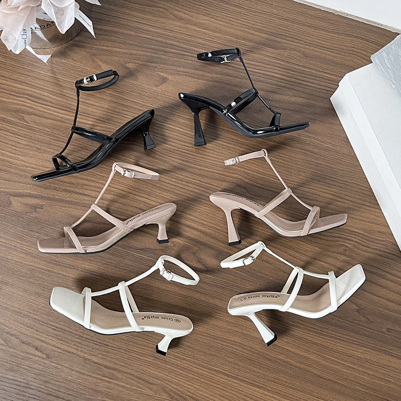 Women's 2025 Summer New Style One-Strap Buckle Square Toe Open Toe Thin Strap Sexy Black High Heels Sandals