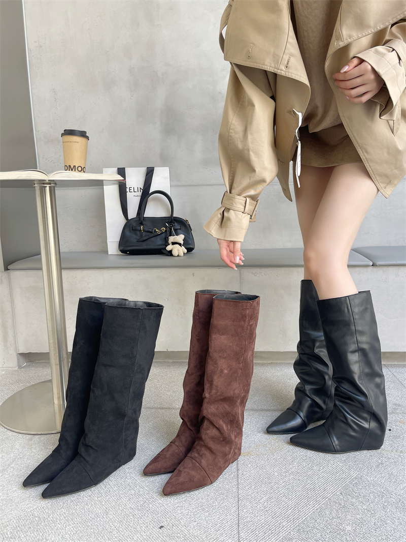 Women's Long Boots 2026 Autumn Winter New Pointed Toe High Heel Wedge French Straight High Boots